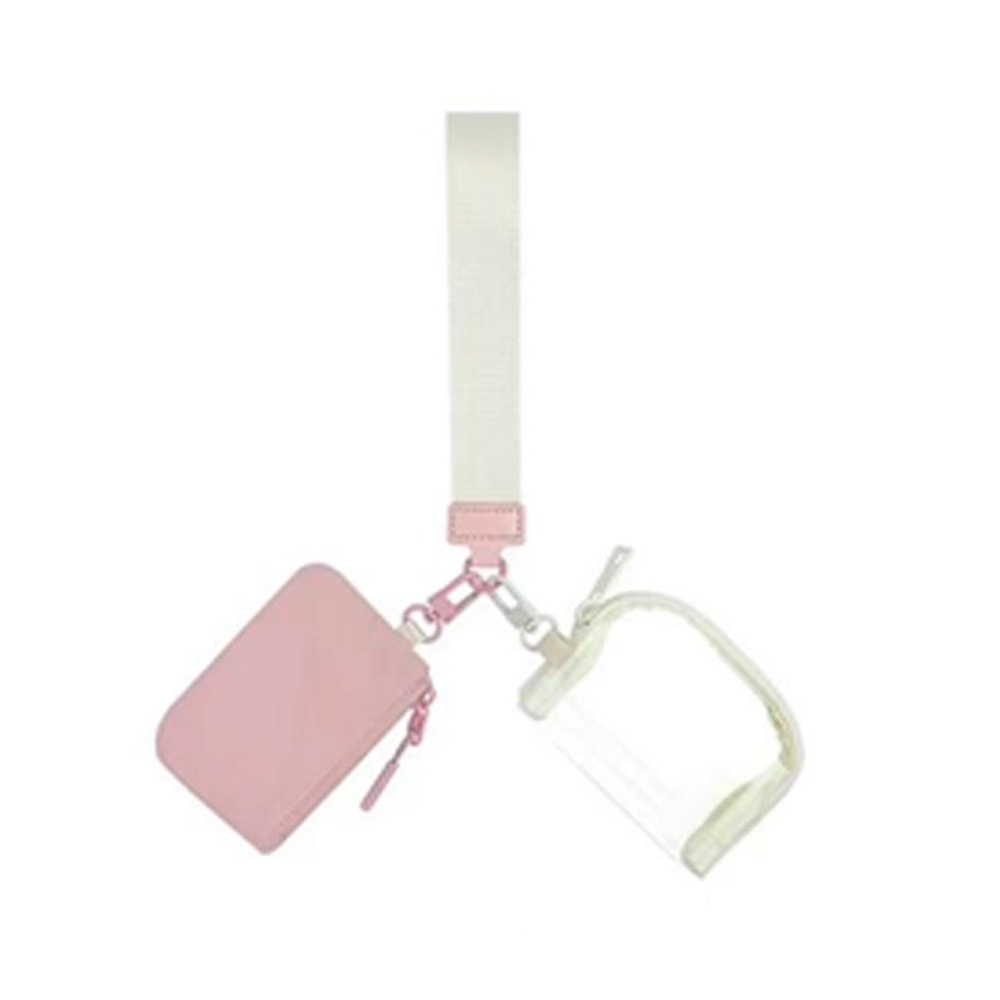Nylon Dual Pouch Wristlet Strap Wallet - Pink/Ivory/Clear - Picture 2 of 4